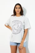 Kadın Baskılı Oversize T-shirt Gri thumbnail 11