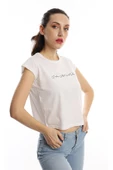 Kadın Bisiklet Yaka Baskılı Crop Tişört Beyaz thumbnail 3