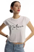 Kadın Nature Yazı Baskılı Crop Tişört Beyaz - 3