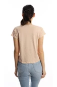 Kadın Bisiklet Yaka Baskılı Crop Tişört Bej thumbnail 5