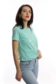 Kadin Bisiklet Yaka Baskılı Basic Tişört Turkuaz thumbnail 2