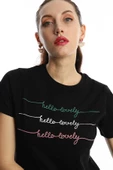 Kadın Hello Lovely Yazı Baskılı Tişört Siyah thumbnail 3