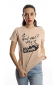 Kadın Good Vibes Only Yazı Baskılı Tişört Bej thumbnail 3