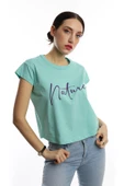 Kadın Nature Yazı Baskılı Crop Tişört Turkuaz thumbnail 2