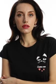 Kadın Bisiklet Yaka Game Over Kedi Baskılı Regular Fit Tişört Siyah thumbnail 2