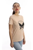Kadın Kelebek Baskılı Bisiklet Yaka Regular Fit Tişört Bej thumbnail 2