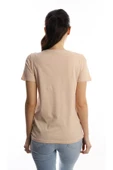 Kadın Kelebek Baskılı Bisiklet Yaka Regular Fit Tişört Bej thumbnail 4