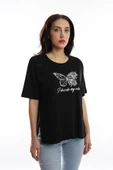 Kadın Bisiklet Yaka Kelebek Baskılı Oversize Tişört Siyah thumbnail 2