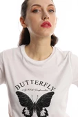 Kadın Kelebek Baskılı Bisiklet Yaka Regular Fit Tişört Beyaz thumbnail 3