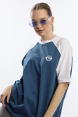 Kadın Oversize Fit Reglan Kol Basic Tişört İndigo thumbnail 2
