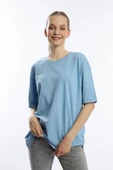 Kadın Oversize Bisiklet Yaka Tişört Mavi - 2