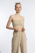 Kadın Allegro Kumaş Askısız Crop Top Vizon - 2