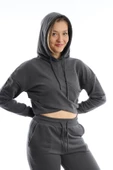 Kadın Kruvaze Detaylı Kapüşonlu Crop Sweat Antrasit - 2