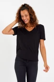 Kadın Modal Kumaş V Yaka Parçalı T-shirt Siyah - 2