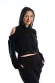 Kadın Kapüşonlu Omuz Dekolteli Sweatshirt Siyah - 2