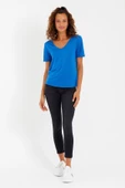 Kadın Tencel Kumaş V Yaka Parçalı T-shirt Saks - 4
