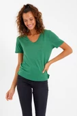 Kadın Tencel Kumaş V Yaka Parçalı T-shirt  Yeşil - 2
