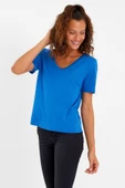 Kadın Tencel Kumaş V Yaka Parçalı T-shirt Saks - 2