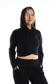 Kadın Kruvaze Detaylı Kapüşonlu Crop Sweat Siyah - 3