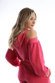 Kadın Kapüşonlu Omuz Dekolteli Sweatshirt Pembe - 5