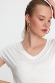 Kadın Bambu Kumaş V Yaka T-shirt Beyaz - 2