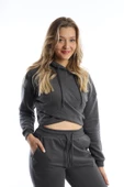 Kadın Kruvaze Detaylı Kapüşonlu Crop Sweat Antrasit - 1