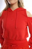 Kadın Kapüşonlu Omuz Dekolteli Sweatshirt Kırmızı - 4