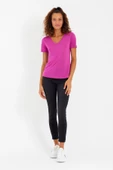Kadın Modal Kumaş V Yaka Parçalı T-shirt Fuşya - 3