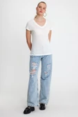 Kadın Bambu Kumaş V Yaka T-shirt Beyaz - 3