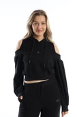Kadın Kapüşonlu Omuz Dekolteli Sweatshirt Siyah - 1