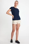 Kadın Bambu Kumaş Bisiklet Yaka T-shirt Lacivert - 3