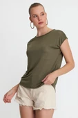 Kadın Tencel Kumaş Bisiklet Yaka T-shırt Haki - 2