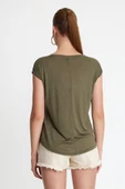 Kadın Tencel Kumaş Bisiklet Yaka T-shırt Haki - 4