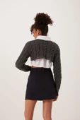 Kadın Triko Crop Sweatshirt Antrasit - 4