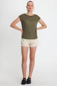 Kadın Tencel Kumaş Bisiklet Yaka T-shırt Haki - 3