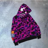 Unisex 2 İplik Bape Kapüşonu Fermuarlı Hırka - Mor - 1