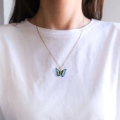 Altın Kaplama Mavi Sedef Taşlı Kelebek Model Kadın Kolye KLY-595 thumbnail 2