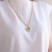 Çelik Kolye - Yeşil Taşlı Altın Kaplama Kadın Kolye KLY-602 thumbnail 2