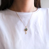 Çelik Kolye - Anahar Kolye Altın Kaplama - Mavi Taşlı Kolye KLY-588 thumbnail 3