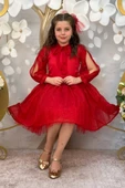 Kırmızı Tül Etekli Simli Çocuk Elbise - 4