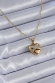 316L Çelik Gold Renk Zirkon Detay Kalp Model Kadın Kolye - TJ-BKO7626 - 1
