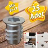 Metal Düz Dişli Dübel Ahşap Dübeli M6 8x13 Diş Çinko Mobilya Bağlantı Ünite Birleştirme (25 ADET) - 1