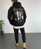 Erkek Sırt Baskılı Oversize Üç İplik Kapüşonlu Sweatshirt - Siyah - 4
