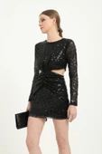 Siyah Cut Out Pul Payet Kadın Mini Elbise - 4