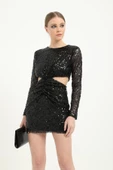 Siyah Cut Out Pul Payet Kadın Mini Elbise - 3