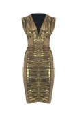 Metalik Gold Drapeli V Yaka Kadın Midi Boy Elbise - 12
