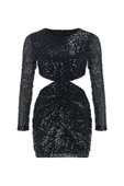 Siyah Cut Out Pul Payet Kadın Mini Elbise - 6