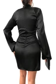 Siyah Damla Yaka Saten Mini Elbise - 2
