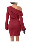Tek Omzu Düşük Bordo Kadin Örme Elbise - 6