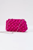 Gümüş Zincirli Fuşya Saten Taşlı Kadın Clutch - 5